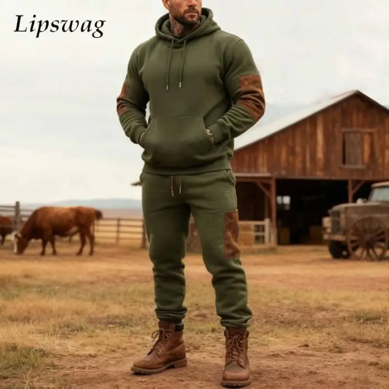 

Autumn Winter Sports Mens Two Piece Sets Vintage Contrast Color Patchwork Tracksuit Men Outdoor Casual Hoodies And Pants Outfits