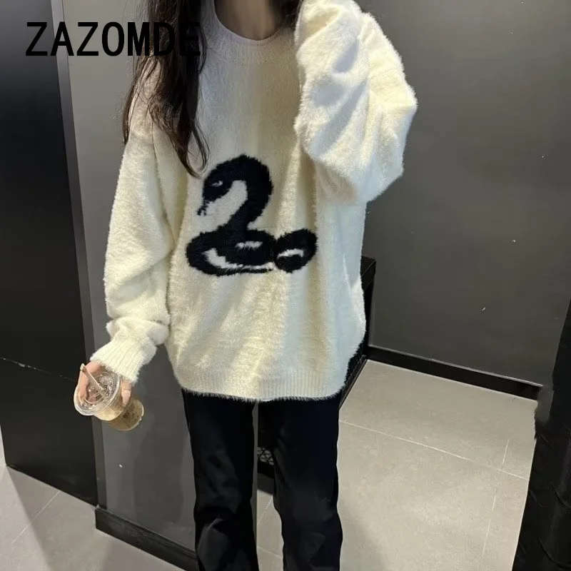 ZAZOMDE Y2k Gothic Print Man And Women Sweater Oversized Harajuku Korean Fashion Knitted Pullovers Snake Autumn Warm Streetwear