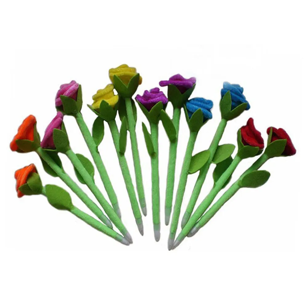 12Pcs Rose Ballpoint Pen Blue Ink 22Cm Slender Green Decor Core Non Replaceable Comfortable Grip Valentine Gift Idea