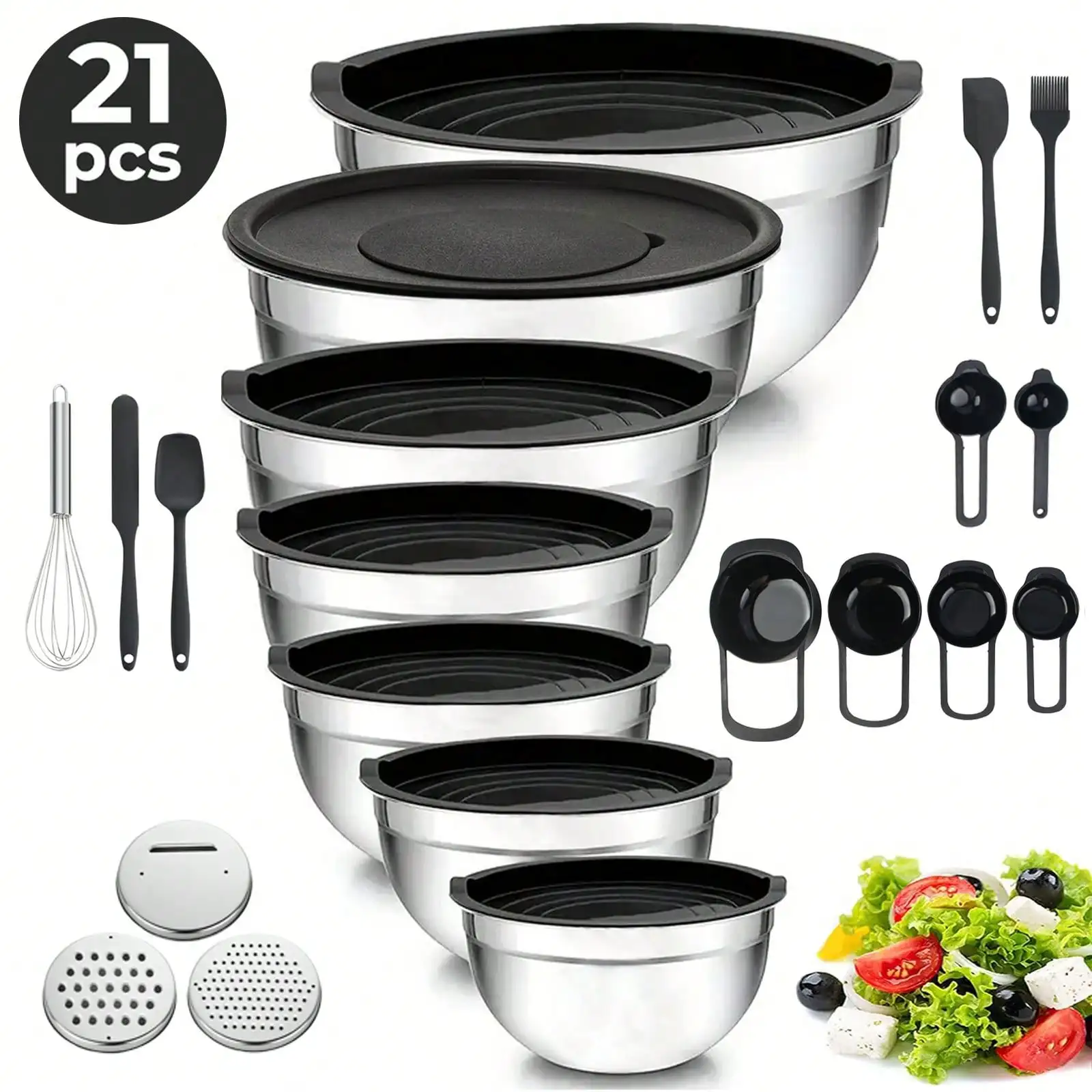 6er-Set Edelstahl-Rührschüsseln mit luftdichten Deckeln, Reibe-Aufsätzen & komplettem Backwerkzeug-Set, ineinander stapelbare Metall-Salatschüsseln mit Messlöffeln, Silikon-Utensilien zum Kochen,
