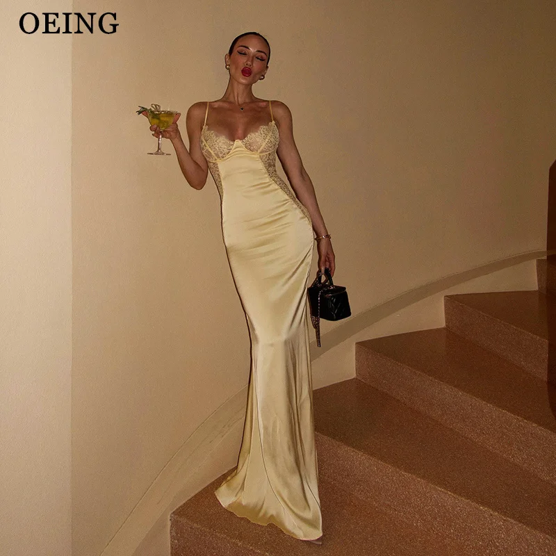 

OEING Sexy Champagne Mermaid Prom Dress Silky Spaghetti Strap Lace Sleeveless Illusion Birthday Party Dress vestidos Customized