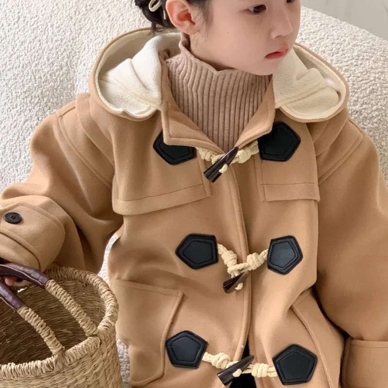 Girls Woolen Coat Overcoat Jacket Windbreak 2023 Black Warm Thicken Winter Cotton Party Plus Size Children's Clothing