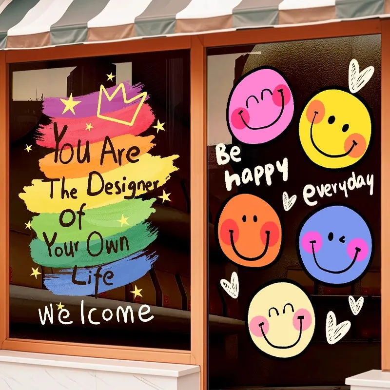Internet Celebrity Store Glass Door Stickers, Smiling Face Stickers, Electrostatic Clothing Store Beauty Salon Window Decoration