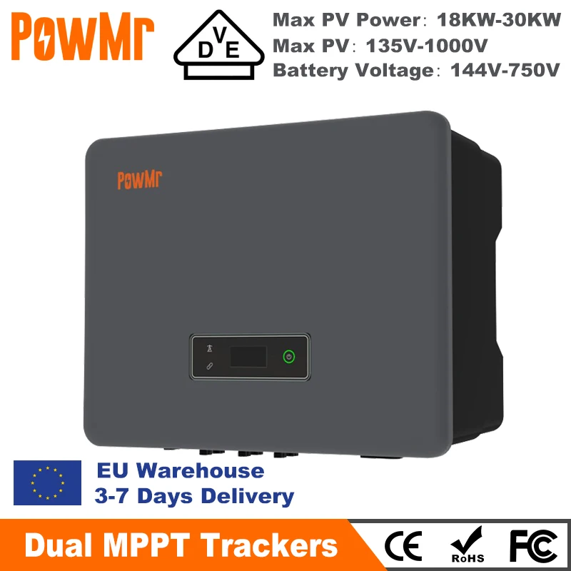 VDE PowMr 12KW 20KW Hybrid Solar Inverter 48V 220V Dual MPPT Trackers On Grid Pure Sine Inverter IP65 Waterproof with BMS WIFI