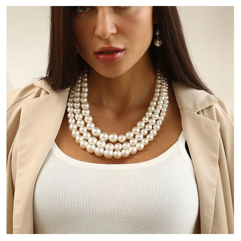 

Exaggerated Imitation Pearl Colored Bead Necklace Earrings For Women Lady Elegant Multi-Layer Round Pendant Earrings Jewelry Set