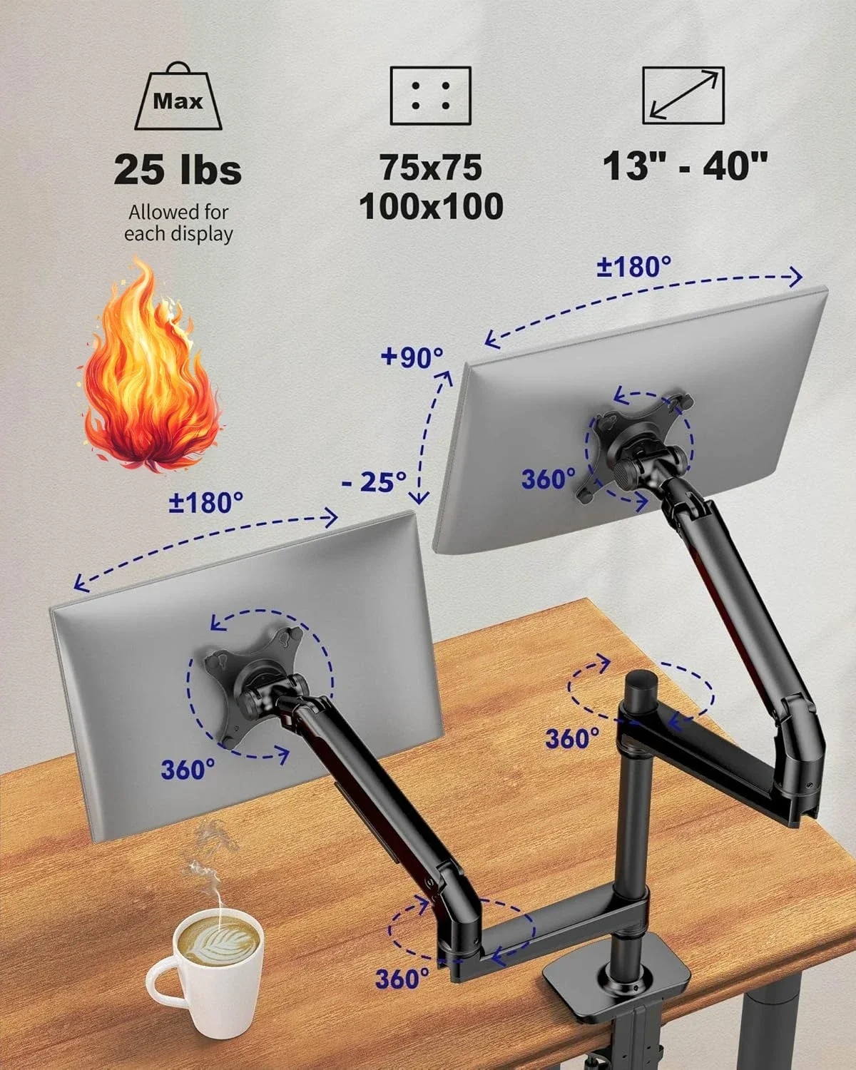 

Dual Monitor Mount, Holds Screens up to 40 Inches and 25 lbs, Fully Adjustable Dual Monitor Arm with C-Clamp and Grommet