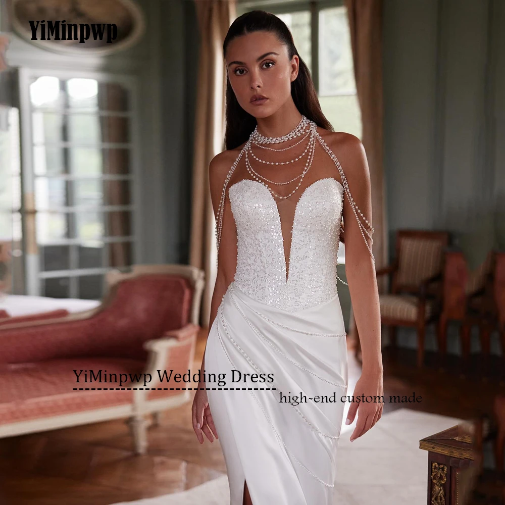 Gaun Pengantin Satin 2025 Mewah Model Mermaid Tanpa Tali Tanpa Lengan Berpayet Gaun Prom Pengantin Lipit Gaun Pengantin Khusus