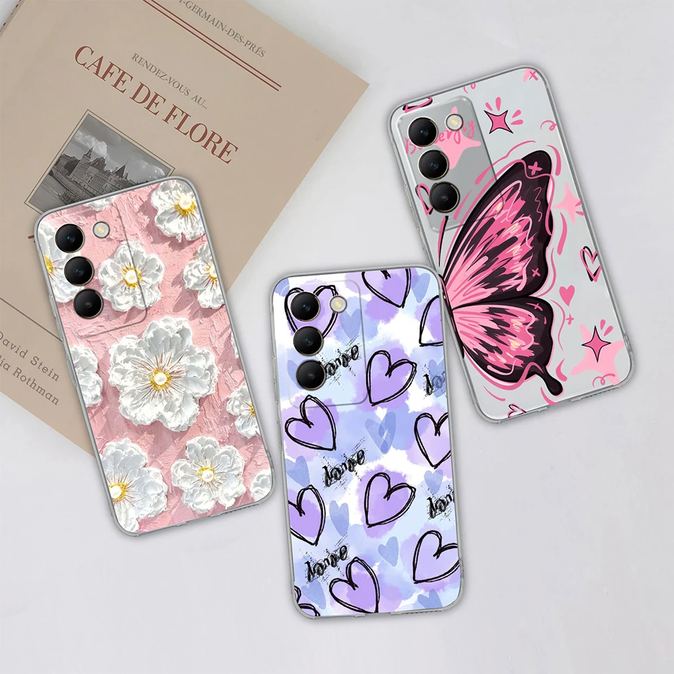 Phone Case For Vivo V30 Lite V30SE V30E Pretty Flowers Love Heart Clear Soft TPU Silicone Shockproof Back Cover Shell Funda Capa