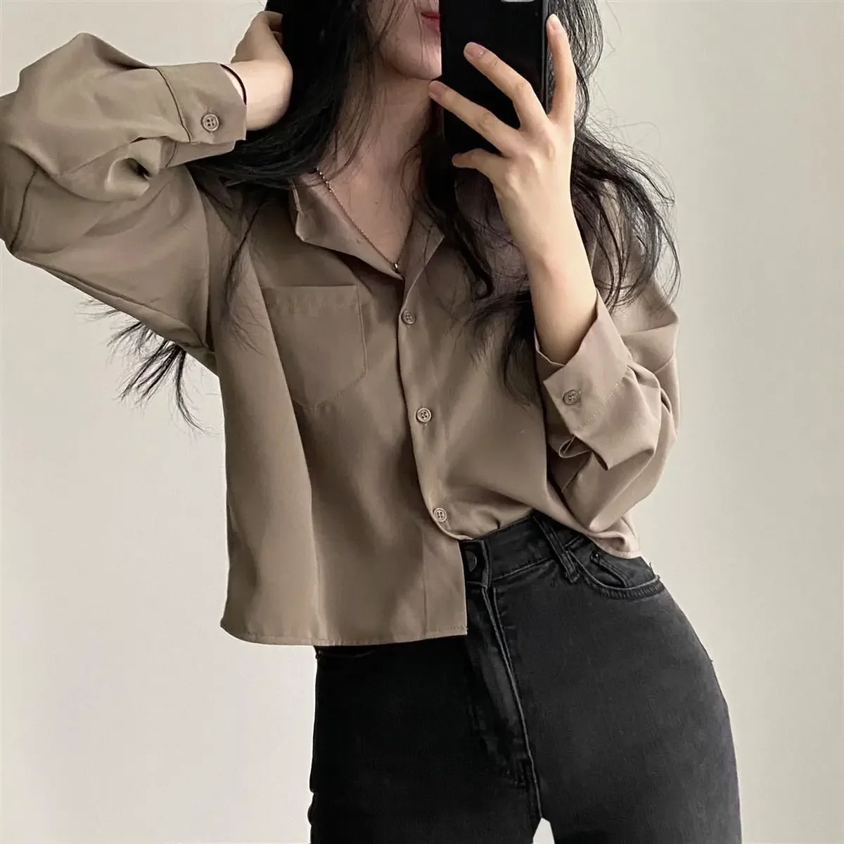 Vintage Shirts Women Chic Korean Fashion Simple All-match Long Sleeve Office Lady Tops Clothing Summer Sun-proof Elegant Cropped