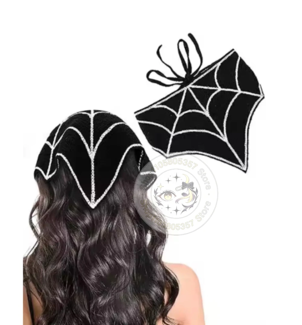 Halloween Hair Accessory Comfortable Headwear Knitted Cotton Skull  Spider Web Pattern Knitted Adjustable Triangle Hair Scarf