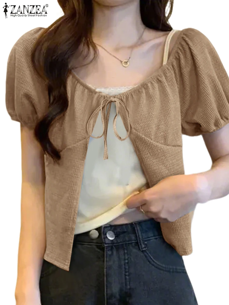 ZANZEA 2025 – chemises d'été solides pour femmes, Cardigans amples à lacets, manches courtes, Blusas à la mode, col rond, tunique surdimensionnée, S-3XL