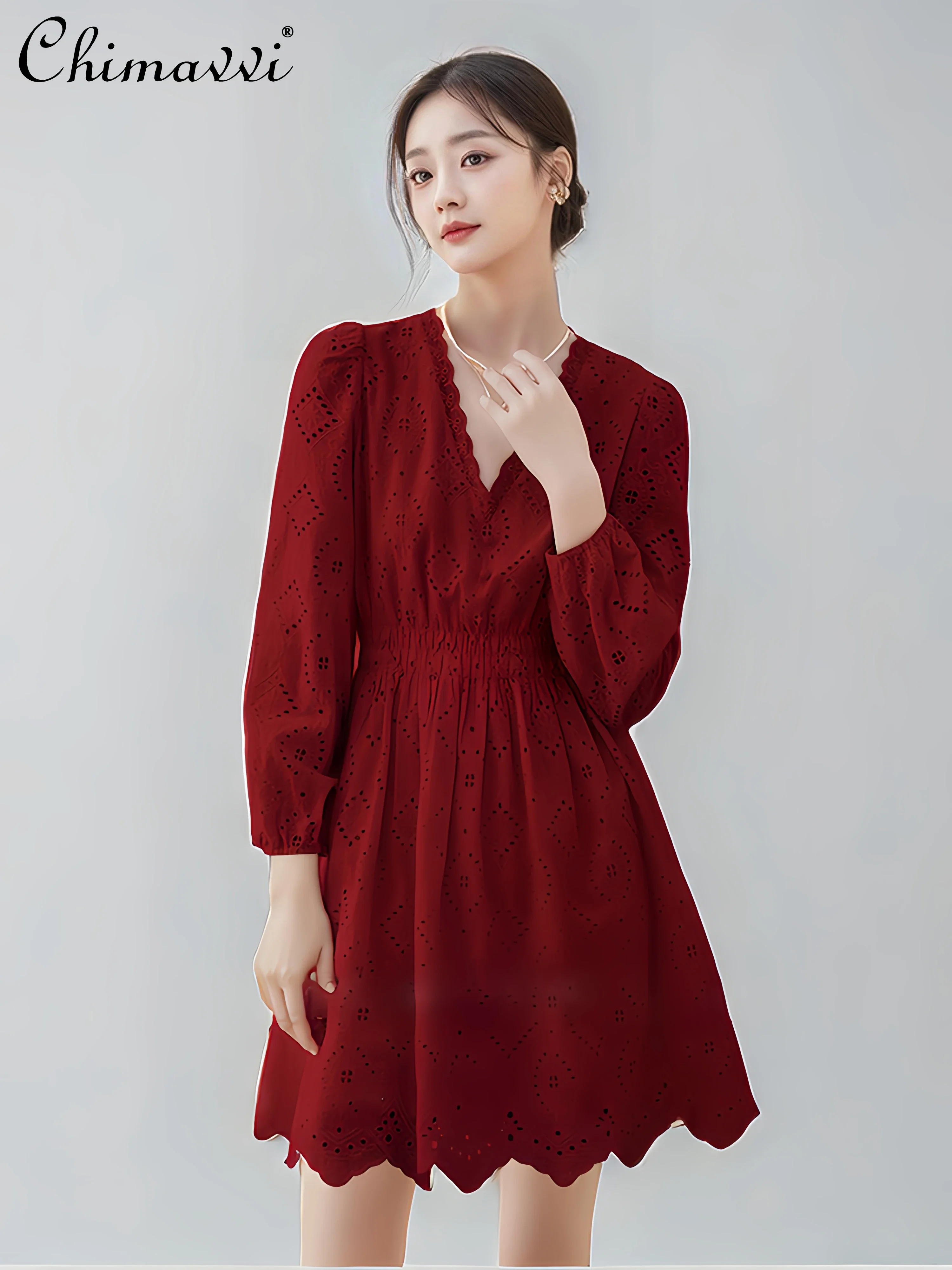 

French Elegant Retro Red Hollow Out Embroidery V-Neck Long Sleeve High Waist Slim A-line Short Evening Dress Women Autumn 2024