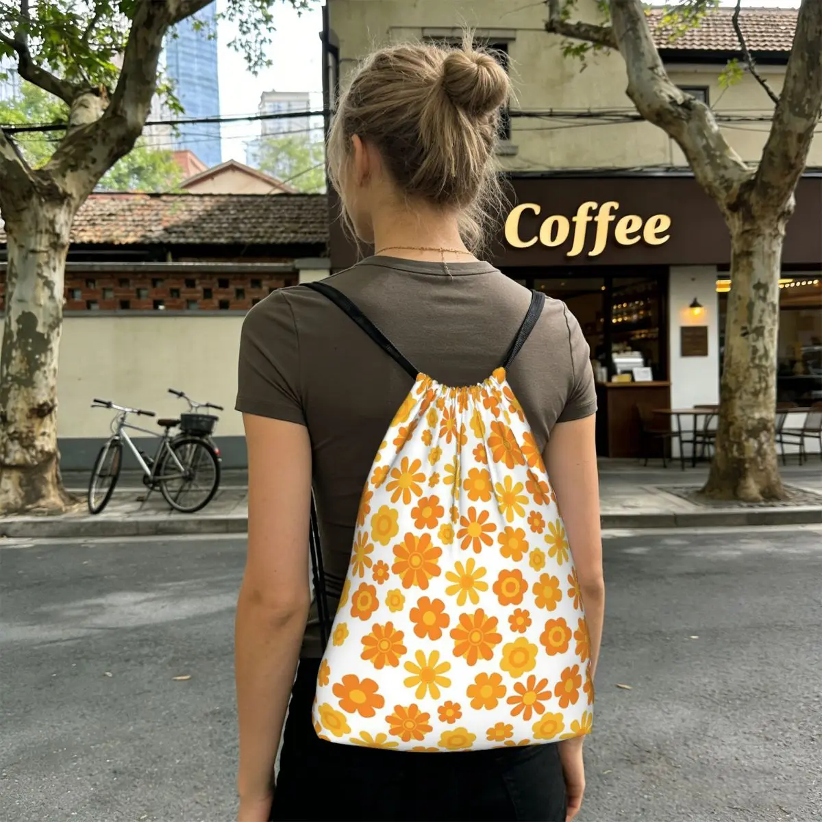

Orange And Yellow Flowers Pattern Backpacks Casual Drawstring Bags Storage Bag Book Bags for Man Woman School