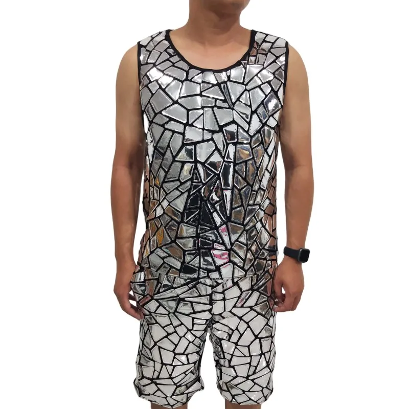 シルバーレーザーソフトミラーベストショーツセット メンズフェスティバルパーティーショーカーニバルレイブ衣装ダンスチームパフォーマンスステージコスチューム