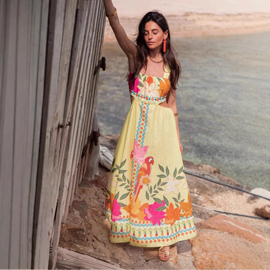

Bohemian Style Print Long Dresses Women Sexy Backless Bowknot Leace-up Sleeveless Dress Casual Summer Beach Vacation Vestidos