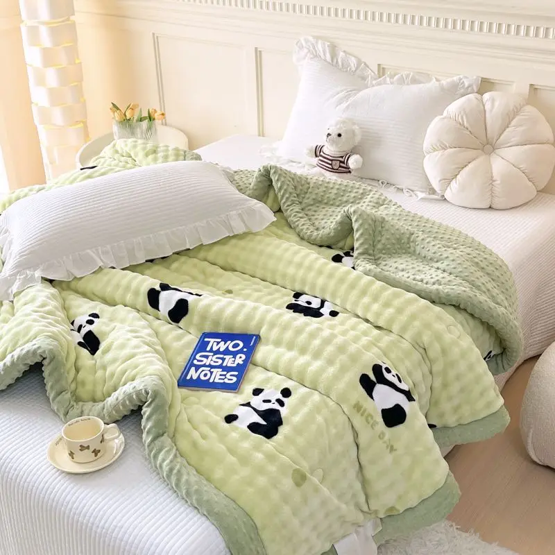 

Panda Print Rabbit Velvet Quilt,Cute Green Animal Pattern Bedding,Soft Breathable Quilt for Rooms,Comfortable Home Decor Gifts