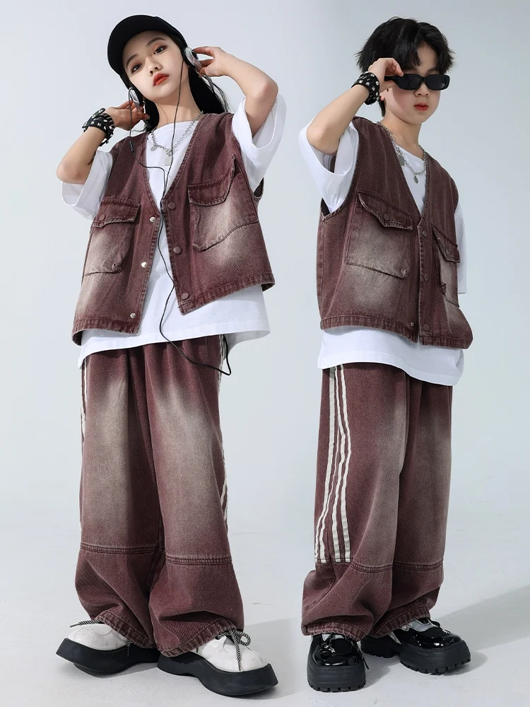 2024 Kids Hip Hop Dance Costume Brown Denim Vest Pants White T Shirt Summer Boys Drum Show Outfits Girls Jazz Dance Wear BL12899