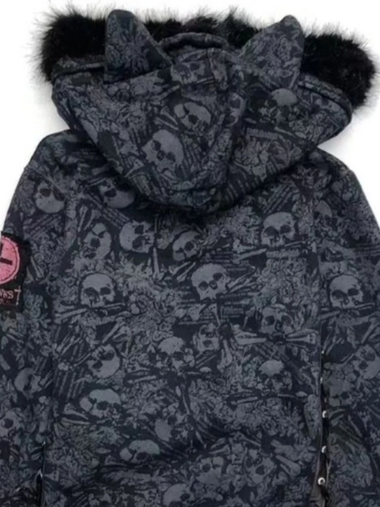 Y2k الجمالية القوطية الجمجمة طباعة هوديس جاكيتات النساء خمر الجرونج الفراء المرقعة مقنعين سترة Harajuku سستة معطف الموضة