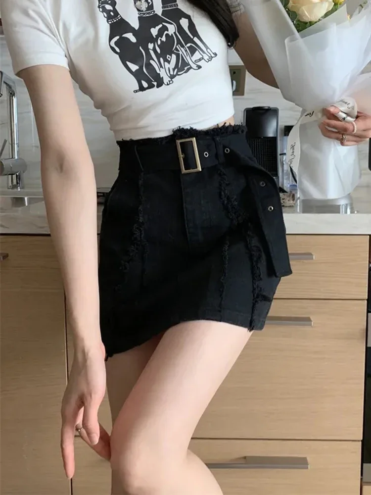 เข็มขัดวินเทจ DENIM กระโปรงผู้หญิงพู่ Streetwear เอวสูงกระโปรงมินิอเมริกัน Retro เซ็กซี่ Slim Casual กระโปรงสาย