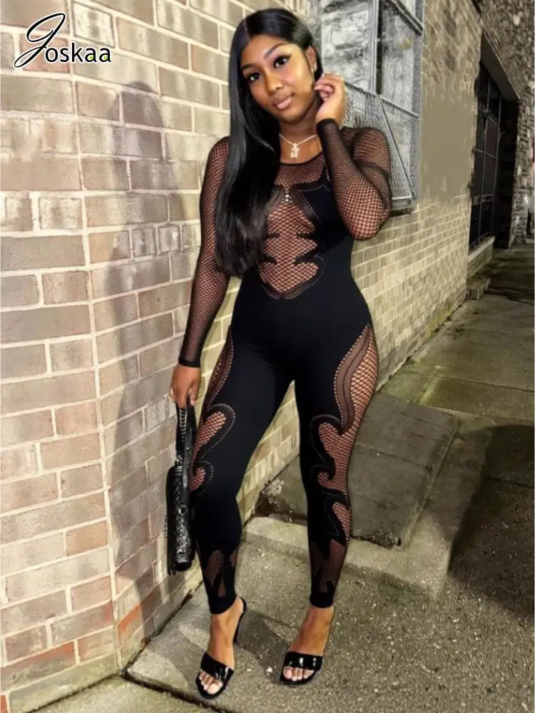 

Joskaa 2025 Women's Patchwork Lace Black Jumpsuit Sexy See Through O-Neck Long Sleeve Skinny One Piece Rompers Midnight Clubwear