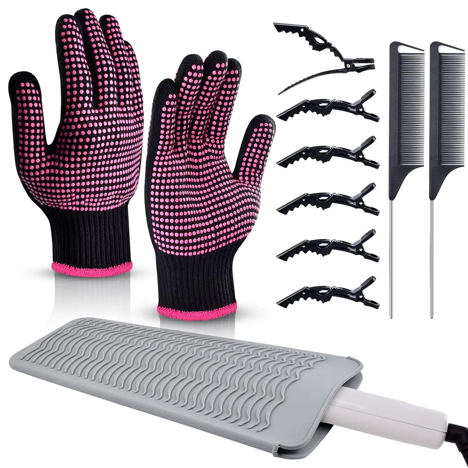 

Heat Resistant Gloves Set with Silicone Mat, Hair Clips & Combs for Styling Tools