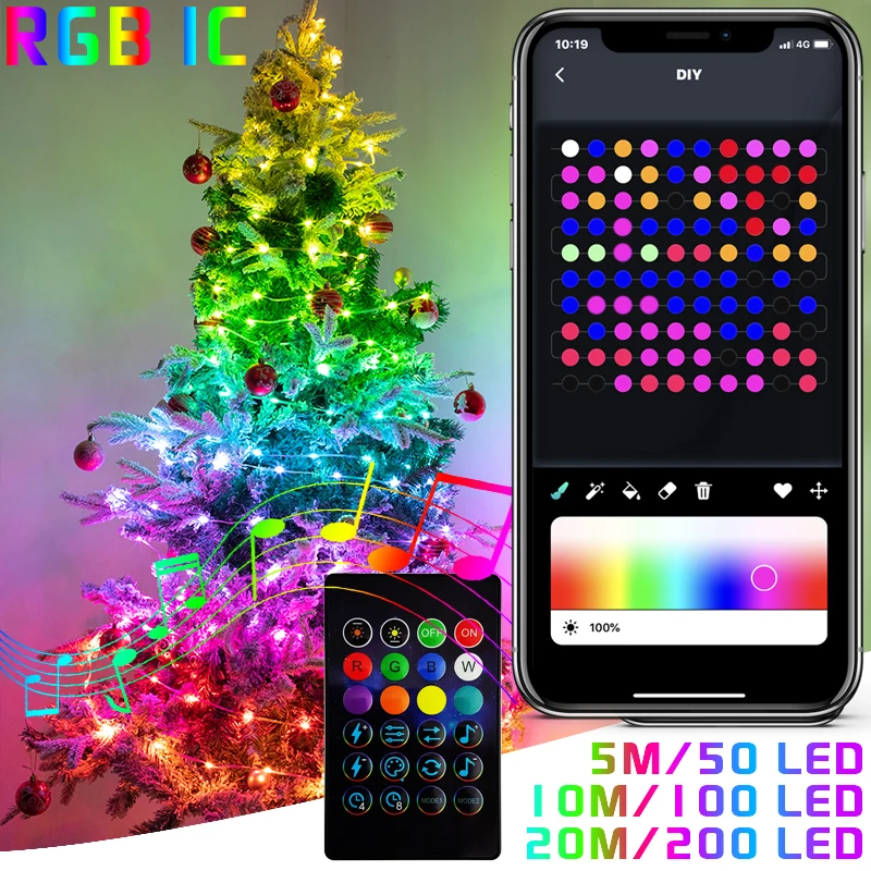 

2023 Bluetooth RGB IC Christmas Fairy Light APP Control LED String Light Smart Music Rhythm Waterproof Xmas Light New Year Party