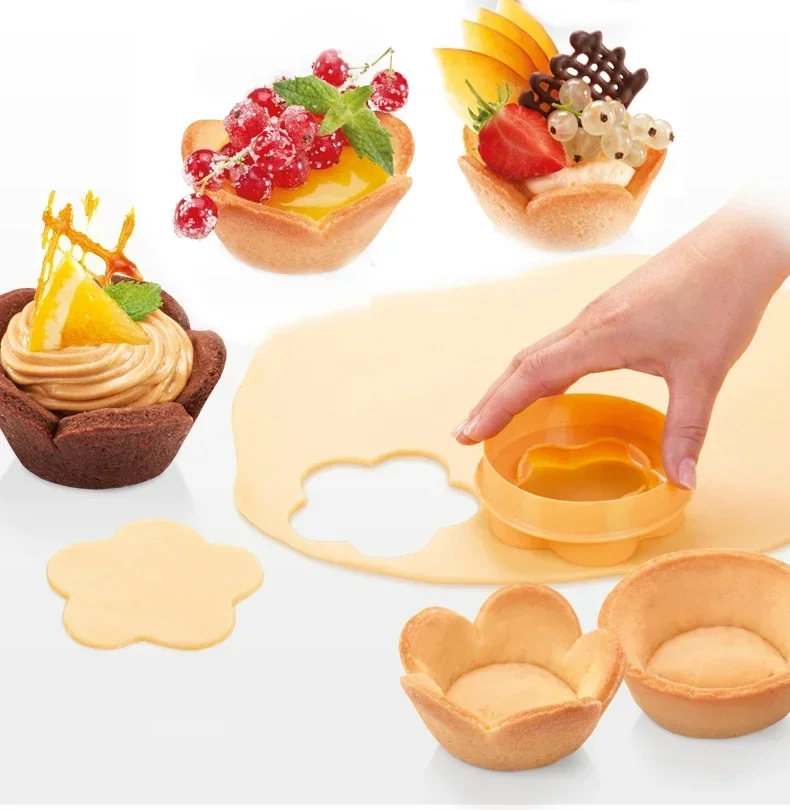 Flower Shape Pastry Dough Tamper Tart Kit Shell Mold Tart Cutter Dough Cookie Biscuit Cutter Set DIY Cupcake Biscuit Baking Mold