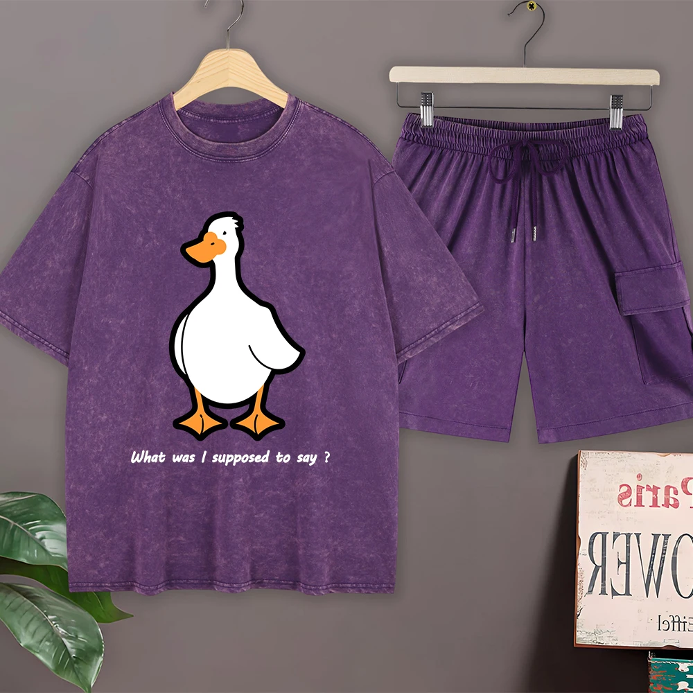 What Was Goose Supposed To Say Cotton Washed T-Shirts Set Mens Street Oversized Tops Cargo Shorts O-Neck T Shirt Summer Clothes