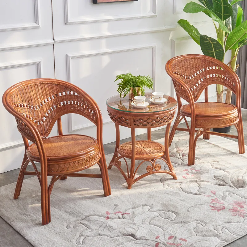 كرسي الروطان مسند ظهر واحد كرسي من الخيزران لغرفة المعيشة من الخيزران المنسوج طاولة قهوة من الخيزران الطبيعي مشاهير الإنترنت #2