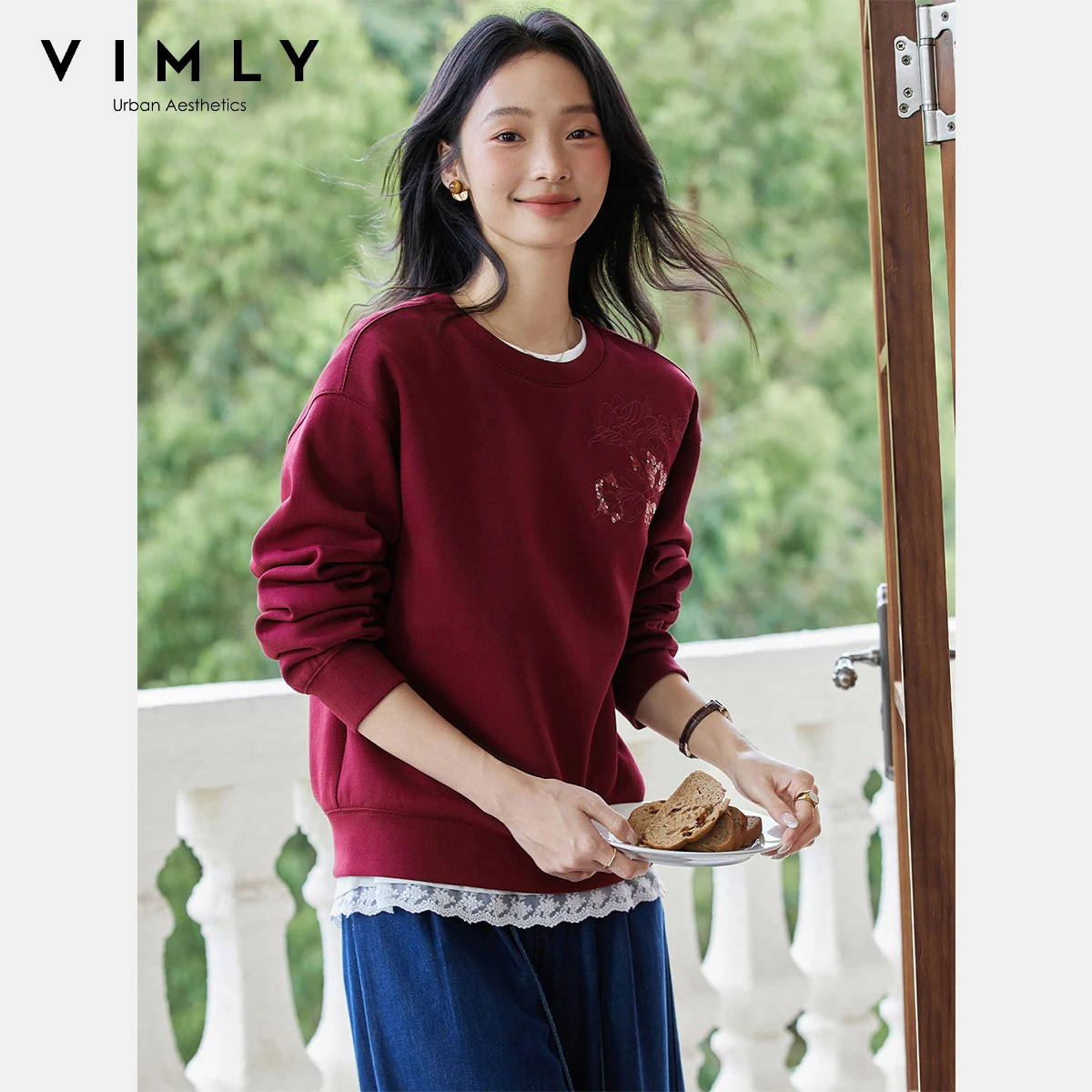 VIMLY Sweatshirts Women Knitted Bead Embroider Casual Crew Neck Loose Tops Ladies Long Sleeve Female Sweater Autumn 2025 A2171