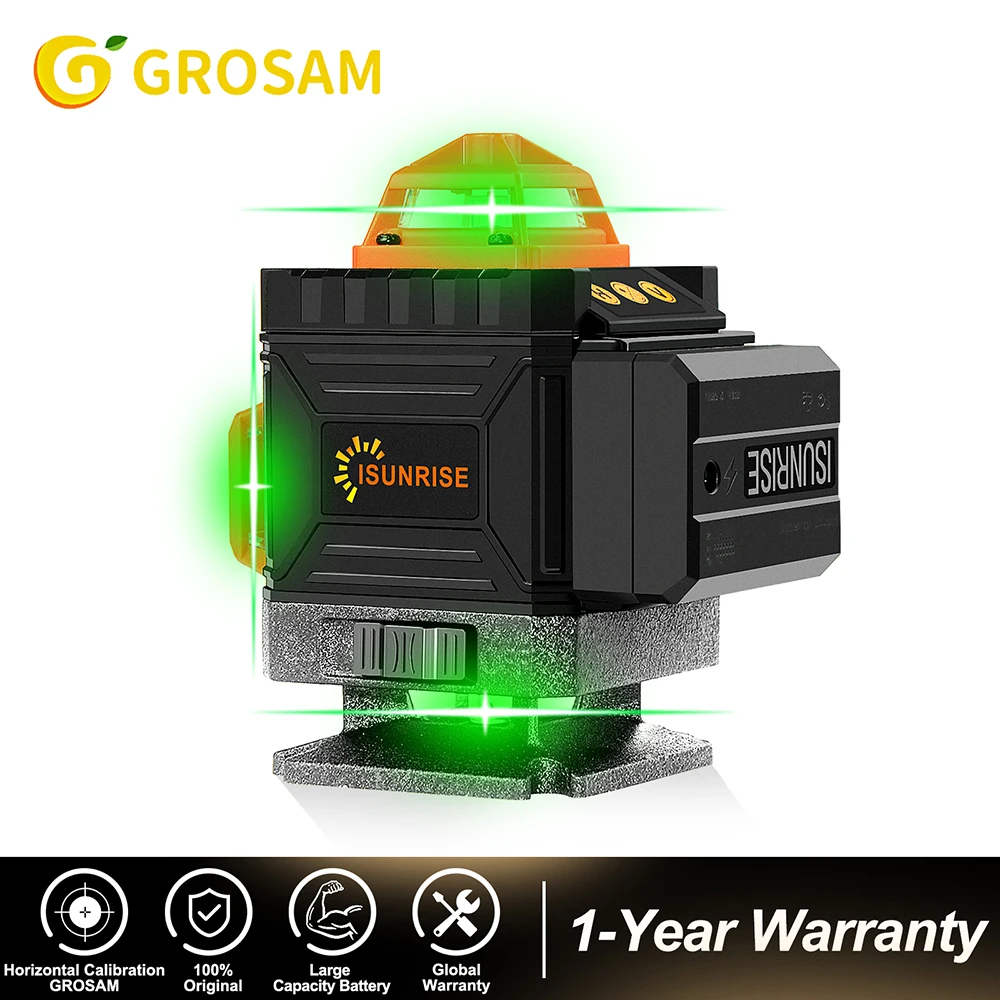 GROSAM 16 Lines 4D Green Laser Levels Self-Leveling Wireless Remote 360 Horizontal & Vertical Cross Lines With Battery