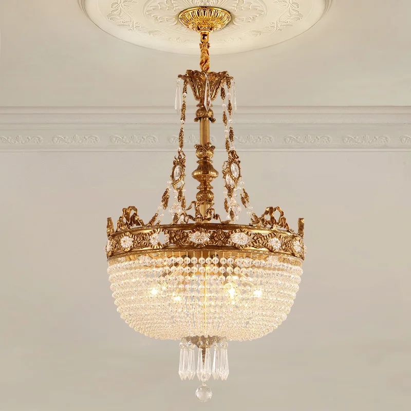 French Baroque Retro Copper Crystal Hanging Pendant Light Banquet Hall Foyer Dome European Brass Suspension Chandelier