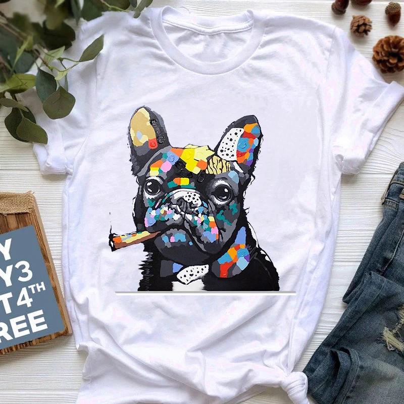 New Summer French Bulldog T Shirt Women Cute Cartoon Pit Bull Tee Shirt Top Female France Shepherd T-shirts Short Sleeve