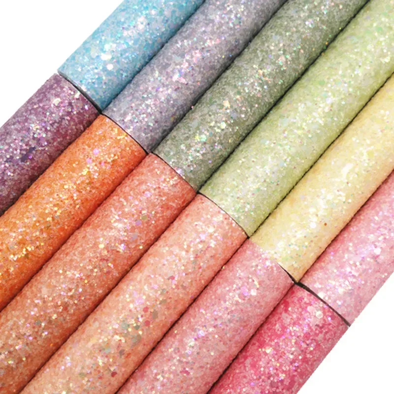 Iridescent Light Colors Chunky Glitter Faux Vinyl Leather Fabric Felt Backing Leather For Bow DIY 21X29CM FZ271B