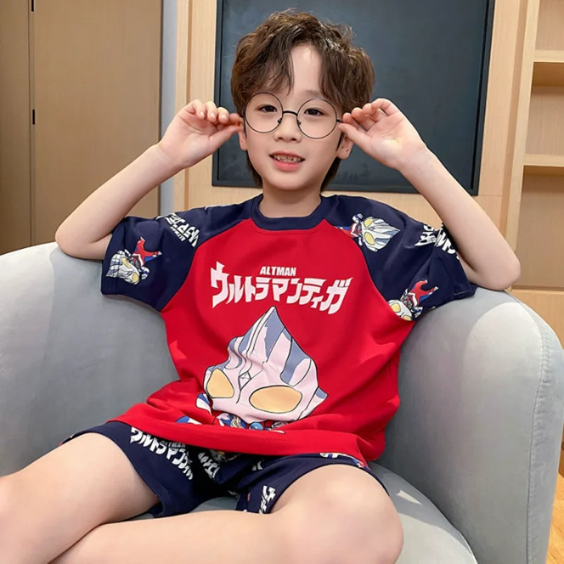 Superman Ultraman Tiga Boys Summer Thin Pajamas Kids Cartoon ONE PIECE Luffy Short Sleeve Suit Comfortable Loungewear