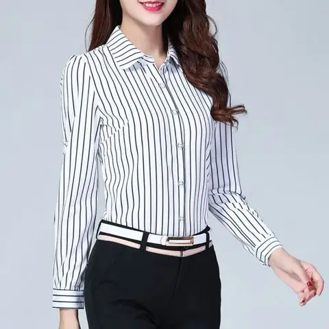 

2025 Autumn and Winter New Style Plus Velvet Black and White Vertical Stripes Korean Women's Blouse Long-sleeved Chiffon Shirt