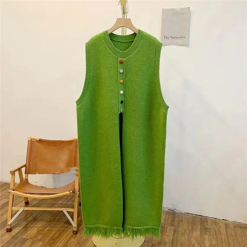 女性用ロングスプリットウールベスト,ノースリーブセーター,カラフルなボタン,新しい秋のコレクション