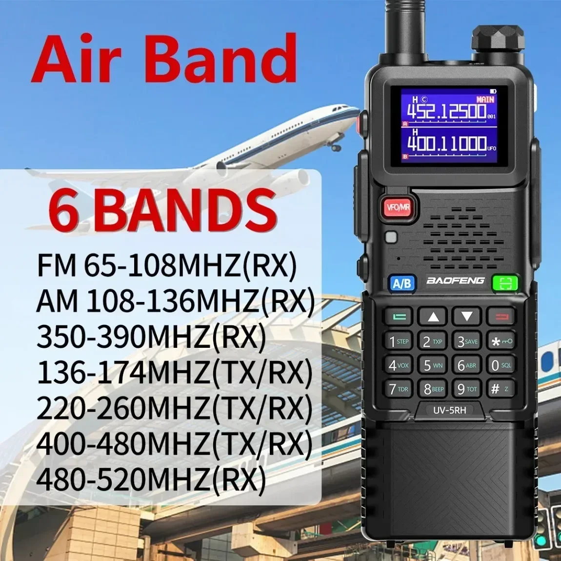Baofeng UV-5RH  Air Band Walkie Talkie 3800mAh 10w Wireless Copy Frequency Multi Band AM Type-C for UV-5R Long Range Ham Radio
