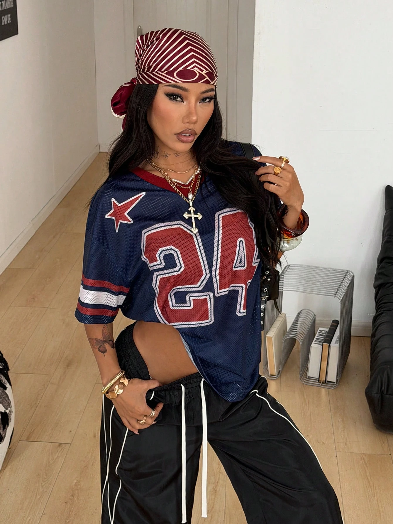 Women's Summer Number 24 Star V Neck Mesh Short Sleeve T Shirt n Casual Retro Sporty Jersey Loose Fit  Streetwear Fashion Tops