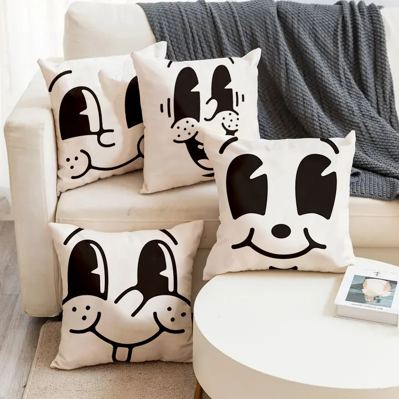 

Cute Smile Cartoon Expression Pattern Printed Square Pillowslip Linen Blend Cushion Cover Pillowcase Living Room Home Decor