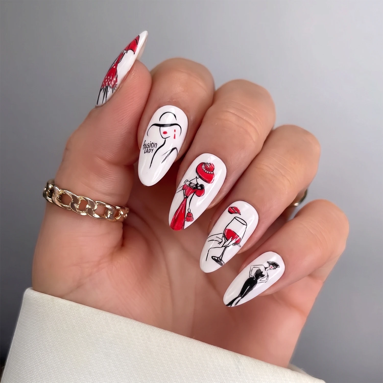 1box White Base Cartoon Pattern Almond Press On Nails Black Cat Modern Girl Sprite Fake Nails Funny Abstract Lines False Nails view 6
