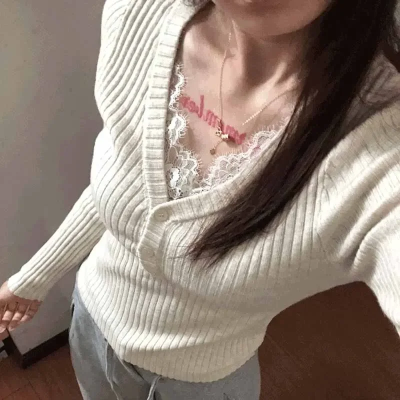 

2025 Autumn Winter New Slimming Striped Sweater Woman Korean Fashion Button Jumpers Sexy Lace Spliced V-Neck Knitwear for Women