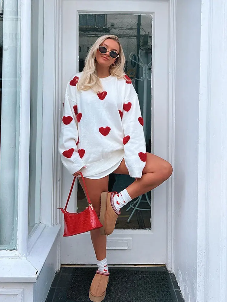 Love Heart Printed Knitted Sweater Pullover Tops Fashion O Neck Thickened Long-sleeved Sweaters Women Oversized Street Jumper