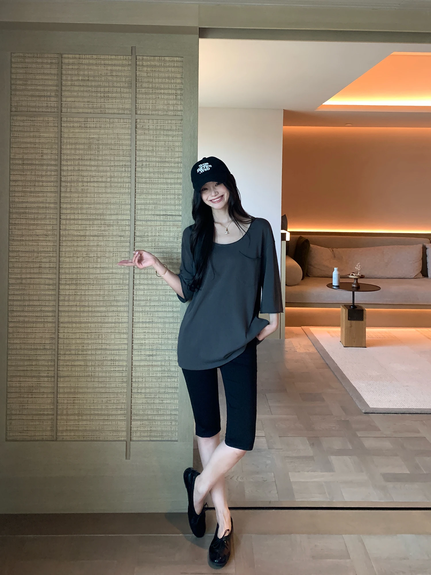 Pusumede Curve Star Minimalist Casual Straight Leg Mid-Length Pants Women's Side Slit Slimming Five-Quarter Length Trousers