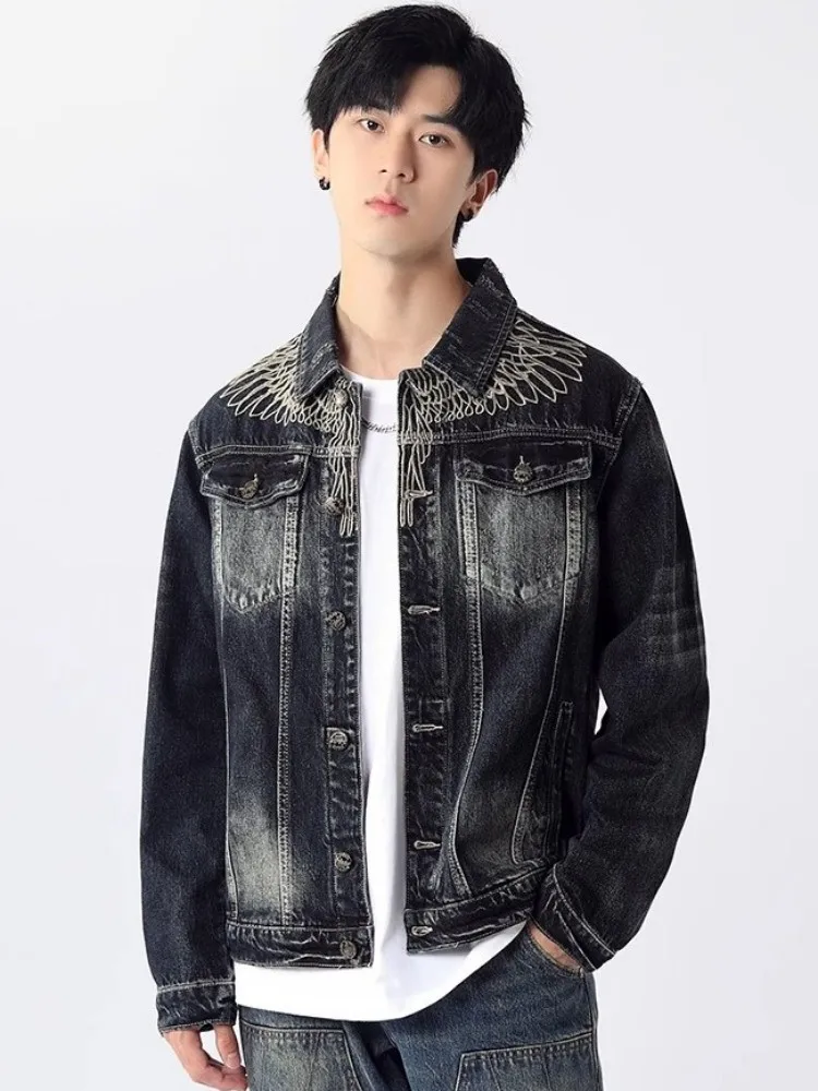 Mens Denim Jacket New Spring Long Sleeve Casual Outerwear Single Breasted Vintage Design Lapel Embroidered Loose Fit Short Coat