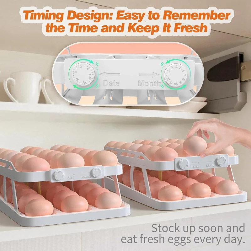 45 Eggs Holder For Fridge, 3 Rows Egg Dispenser,Freshness Ensured With Time Recorder,Space-Saving Rolling Eggs Organizer Durable