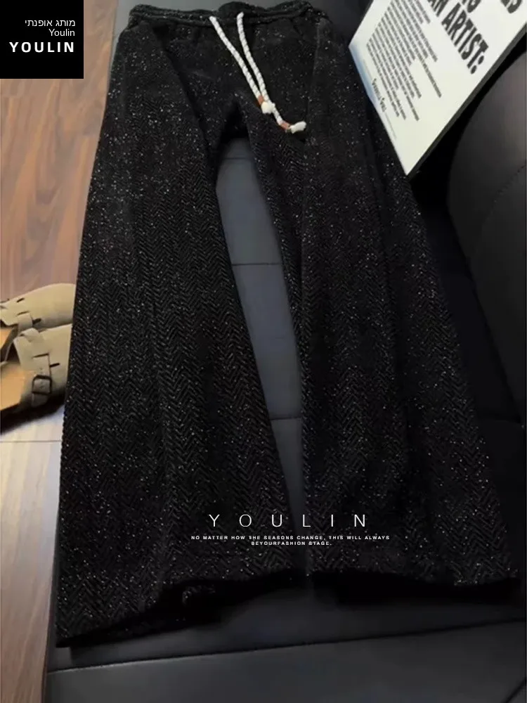 Black Fleece Lined Knitted Pants Men's Winter American Heavyweight Straight Leg Loose Casual Sports Trousers Youth Leisure Fa...