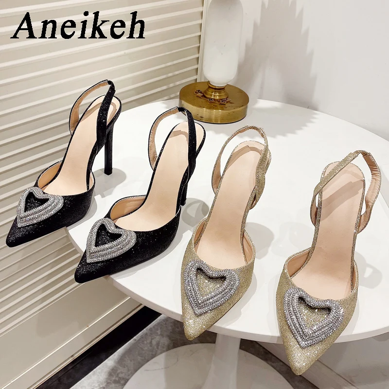 Aneikeh Glitter Heart-shaped Rhinestone Sandals Pumps 2024 Summer Sexy Stiletto Pointed High Heels Lady Shoes Party Prom Shoes