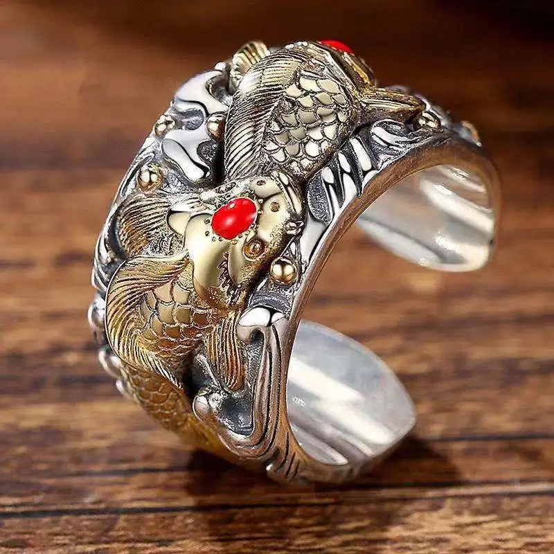 BOCAI Real S925 Silver Retro Fashion Wealth Fish Koi Carp Open Ring Men and Women