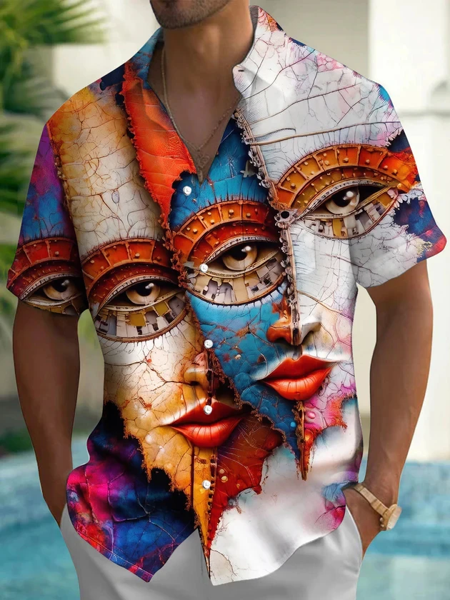 Art Illustration Mens Shirts Abstract Face Seaside Sailboat Scenery Print Summer Vacation Casual Short Sleeve Lapel Men Tops